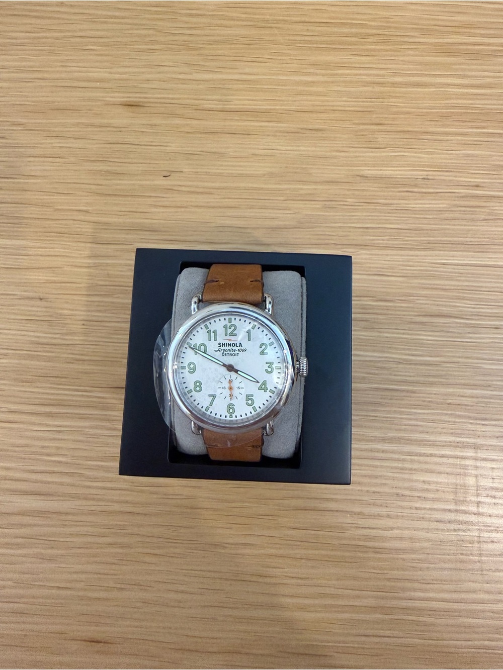 Shinola Brown Leather Strap Watch with White Dial and Green Numerals